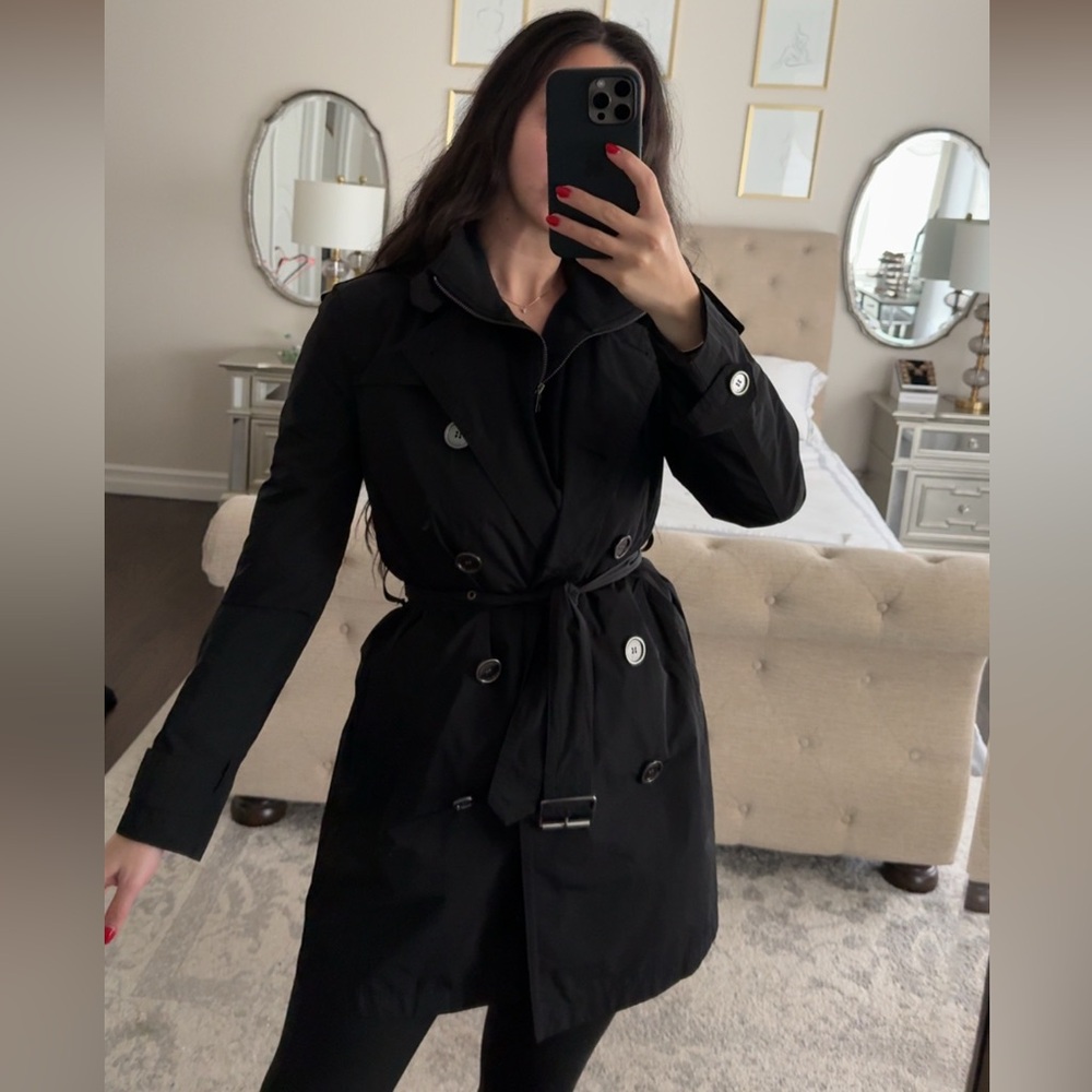 Burberry brit black trench coat size 8 with detachable hood and belt